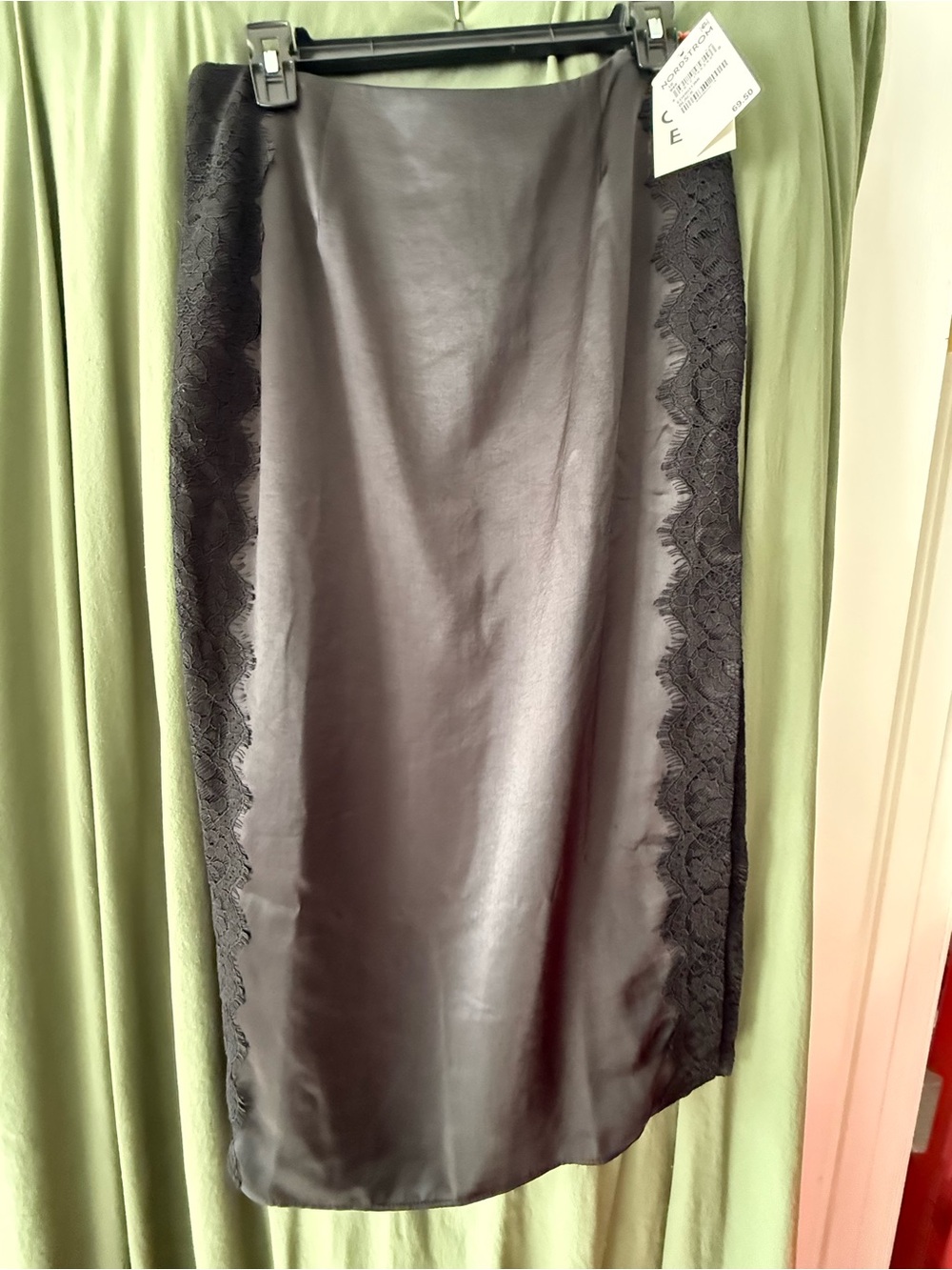 Black Satin Midi Skirt with Lace Side Panels sz 10